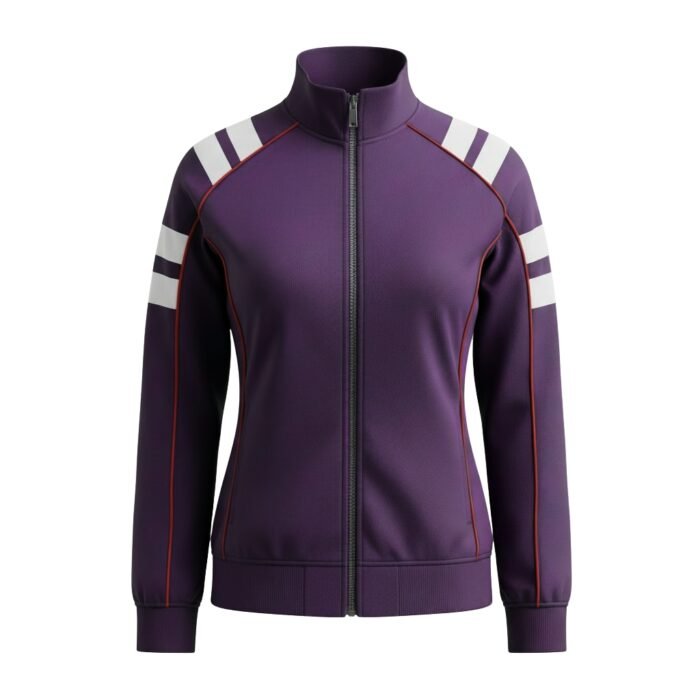 Deep purple women’s track jacket with high ribbed collar, ribbed cuffs and waistband, full-length dark gray zipper, and three horizontal white stripes with thin red borders on each shoulder and upper arm; red piping runs vertically along both side seams.