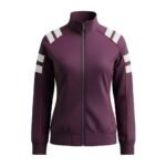 Front view of a deep purple rugby-style track jacket on white background: full dark gray zipper, ribbed collar/cuffs/waistband, three horizontal white shoulder stripes edged in thin red, and red piping along sleeve seams. Fabric has a nubby, performance-knit texture.