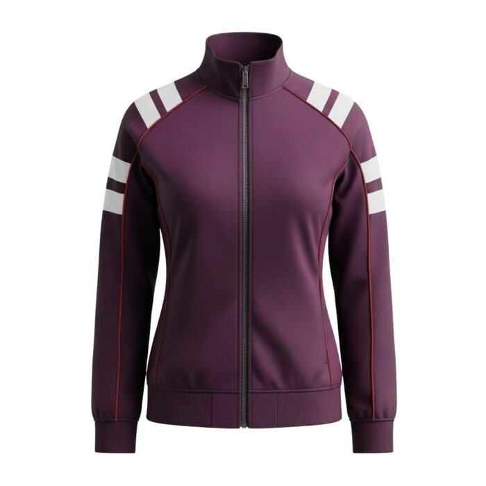 Front view of a deep purple rugby-style track jacket on white background: full dark gray zipper, ribbed collar/cuffs/waistband, three horizontal white shoulder stripes edged in thin red, and red piping along sleeve seams. Fabric has a nubby, performance-knit texture.