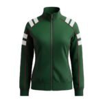Dark green performance track jacket with full front zipper, white vertical sleeve stripes, and red piping along shoulder and outer sleeve seams.