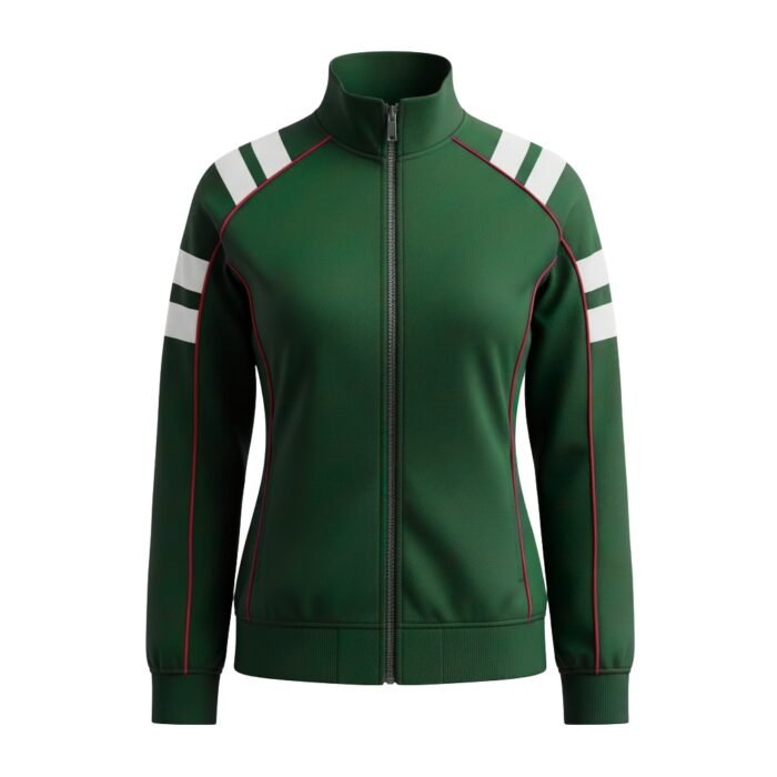 Dark green performance track jacket with full front zipper, white vertical sleeve stripes, and red piping along shoulder and outer sleeve seams.