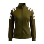 Olive green women’s track jacket with white horizontal stripes on shoulders and upper arms, dark center zipper, pink piping along sleeve and side seams, and ribbed collar, cuffs, and waistband