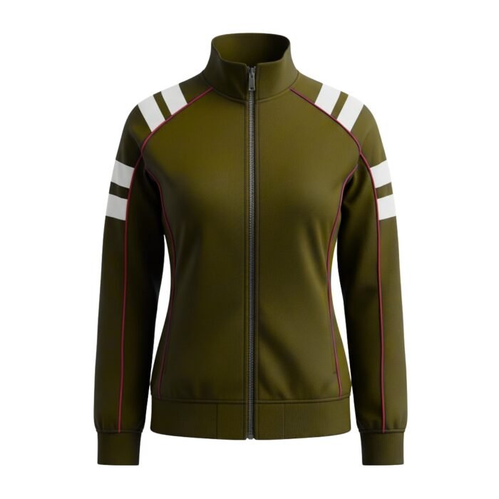 Olive green women’s track jacket with white horizontal stripes on shoulders and upper arms, dark center zipper, pink piping along sleeve and side seams, and ribbed collar, cuffs, and waistband