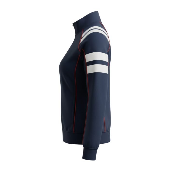 Navy blue women’s rugby track jacket, viewed from left side: full-length zipper, stand-up ribbed collar, white horizontal shoulder and sleeve stripes, vertical red piping descending from shoulder seam along left side seam to hem, ribbed cuffs and hem.