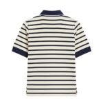 Back view of off-white-and-navy striped rugby polo with navy collar and sleeve trim