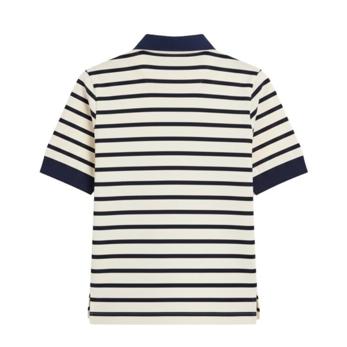 Back view of off-white-and-navy striped rugby polo with navy collar and sleeve trim