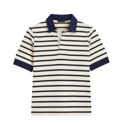 Front-facing close-up of white-and-navy striped rugby polo showing collar, buttons, and sleeve trim