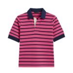 Women’s pink-and-navy striped rugby polo, navy collar and cuffs, front view on white background.