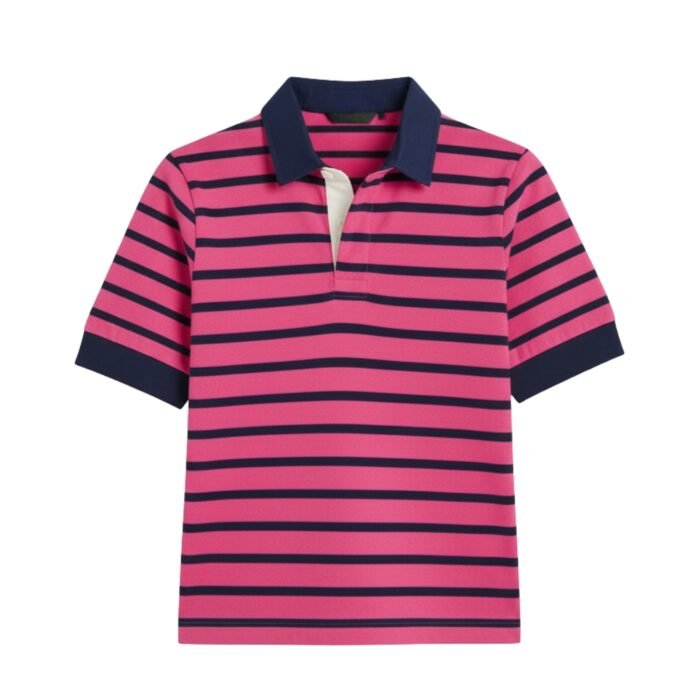 Women’s pink-and-navy striped rugby polo, navy collar and cuffs, front view on white background.