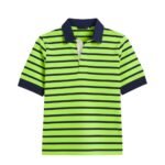 Women’s bright green and navy striped rugby polo, navy collar and cuffs, front view on light grey background.