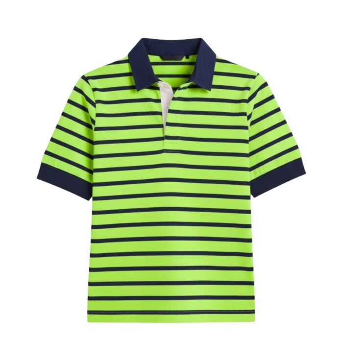 Women’s bright green and navy striped rugby polo, navy collar and cuffs, front view on light grey background.