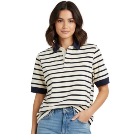 Woman in white-and-navy rugby polo and jeans posing against neutral gray background