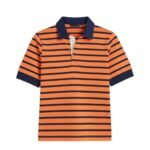 Women’s striped short-sleeve rugby polo in orange and navy, with navy collar and cuffs, front-on against white background.