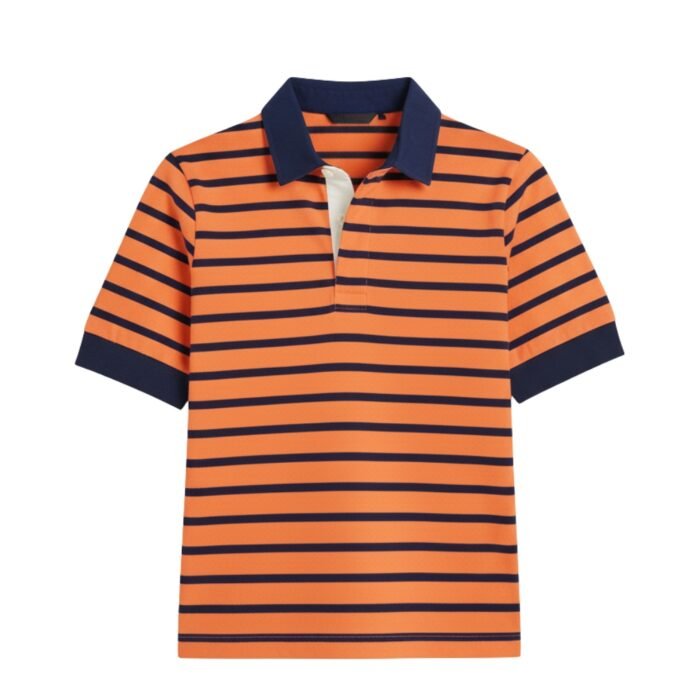 Women’s striped short-sleeve rugby polo in orange and navy, with navy collar and cuffs, front-on against white background.