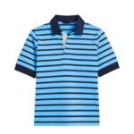 Women’s light blue and navy striped rugby polo, navy collar and cuffs, front view on white background.
