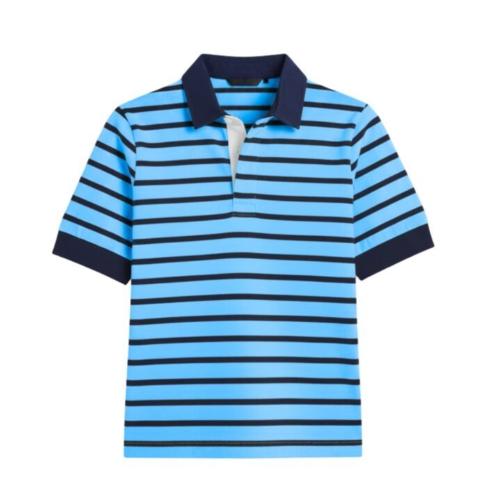 Women’s light blue and navy striped rugby polo, navy collar and cuffs, front view on white background.