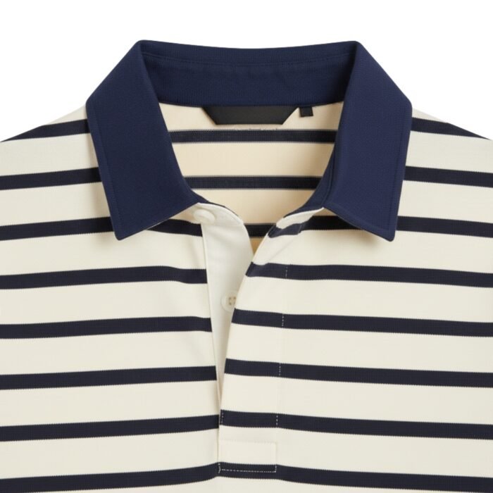 Close-up detail of navy collar and striped body of cream-and-navy rugby polo shirt