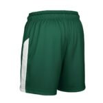 Back view of women’s dark green rugby shorts with a bold white vertical stripe running down the outer seam; fitted athletic cut, wide elastic waistband, and clean studio background.