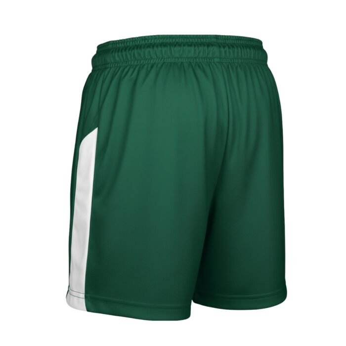 Back view of women’s dark green rugby shorts with a bold white vertical stripe running down the outer seam; fitted athletic cut, wide elastic waistband, and clean studio background.