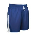 Navy blue women’s rugby shorts with white side panels and a drawstring waistband