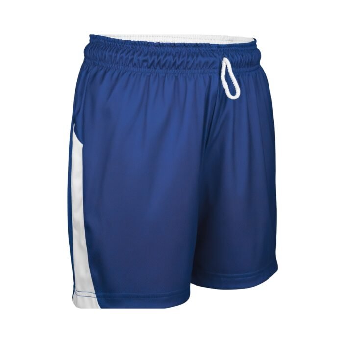 Navy blue women’s rugby shorts with white side panels and a drawstring waistband