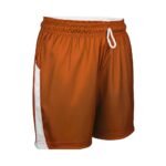 Rust orange women’s rugby shorts with white side panels and an elastic waistband with white drawstring