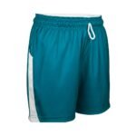 A front-facing studio photograph of women’s teal athletic shorts: slim-fit, mid-thigh length, with a clean 3 cm white vertical stripe running along the left outer seam; elasticized waistband with white adjustable drawstring ending in matte black aglets; lightweight breathable mesh-blend fabric showing subtle texture and drape.