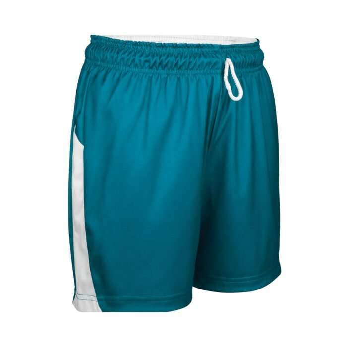 A front-facing studio photograph of women’s teal athletic shorts: slim-fit, mid-thigh length, with a clean 3 cm white vertical stripe running along the left outer seam; elasticized waistband with white adjustable drawstring ending in matte black aglets; lightweight breathable mesh-blend fabric showing subtle texture and drape.