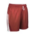 Women’s maroon athletic shorts on white background. Front-facing studio shot: lightweight matte maroon mesh fabric, 3 cm wide white vertical stripe along outer seam of each leg, elasticized waistband with white adjustable drawstring ending in matte black aglets