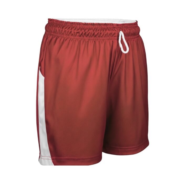 Women’s maroon athletic shorts on white background. Front-facing studio shot: lightweight matte maroon mesh fabric, 3 cm wide white vertical stripe along outer seam of each leg, elasticized waistband with white adjustable drawstring ending in matte black aglets