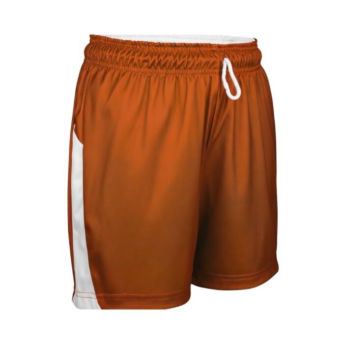 Rust orange women’s rugby shorts with white side panels and an elastic waistband with white drawstring