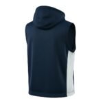Navy blue sleeveless hooded sweatshirt with a grayish-white side panel on a white background