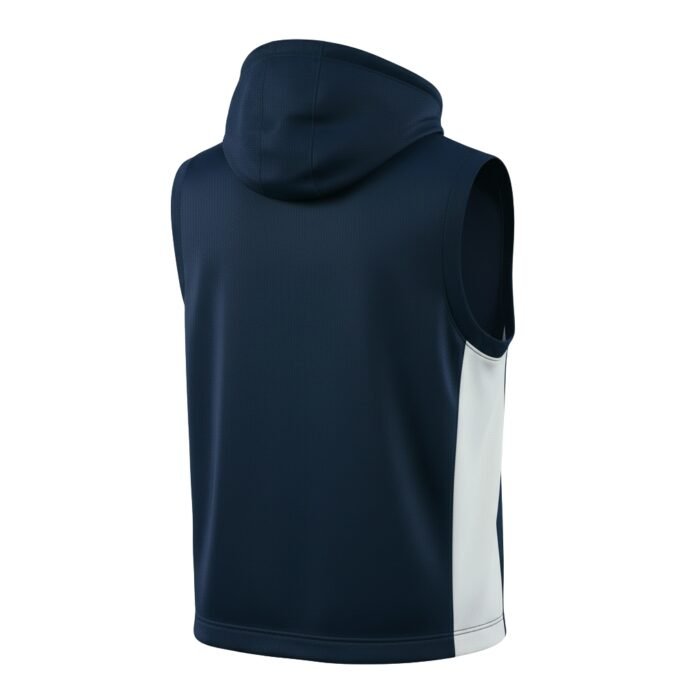 Navy blue sleeveless hooded sweatshirt with a grayish-white side panel on a white background