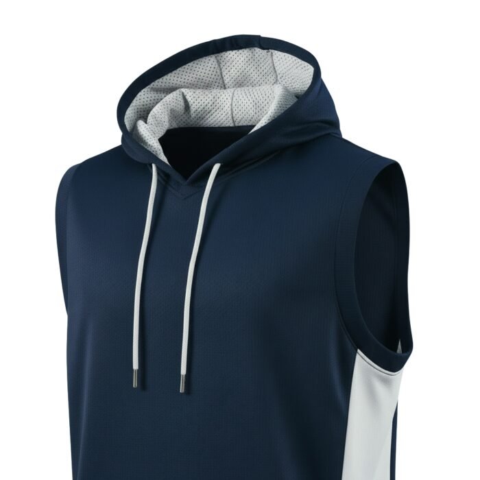 Navy blue hooded sweatshirt with a gray dotted inner hood lining and white drawstrings on a white background