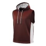 Maroon sleeveless athletic hoodie with a white-grey mesh hood, white side stripes, and white drawstrings tipped with silver metal. Front view on plain white background.