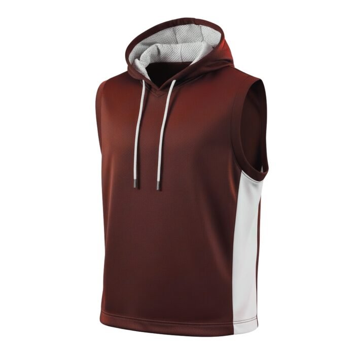 Maroon sleeveless athletic hoodie with a white-grey mesh hood, white side stripes, and white drawstrings tipped with silver metal. Front view on plain white background.