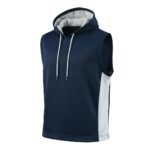 Navy blue sleeveless athletic hoodie for men, featuring white side panels, a hood with white lining and silver-tipped drawstring, displayed on a white background.