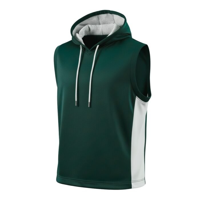 Dark green men’s sleeveless athletic hoodie with white mesh hood, white vertical side stripes, white drawstrings with silver tips, worn front-on against white background.