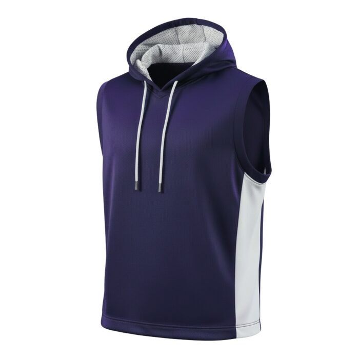 Dark green sleeveless athletic hoodie on white background: breathable dark green mesh-like base, white mesh hood, white vertical side stripes, white drawstrings with silver metal tips, and gray interior lining.