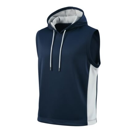 Navy blue sleeveless athletic hoodie for men, featuring white side panels, a hood with white lining and silver-tipped drawstring, displayed on a white background.