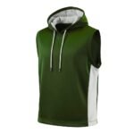 Dark green men’s sleeveless athletic hoodie with white mesh hood, white vertical side stripe, silver-tipped white drawstrings, and gray interior lining, shown front-facing on pure white background.