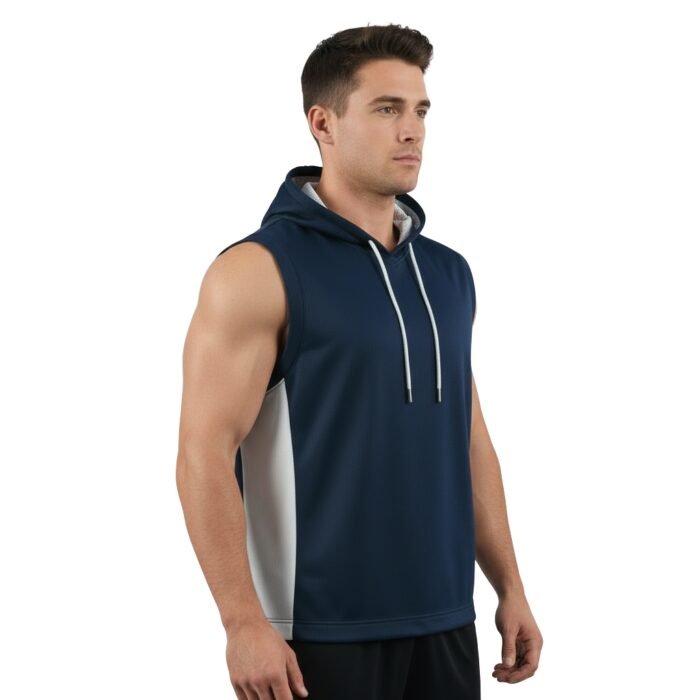 Men’s basketball vest hoodie on a male model standing in a relaxed pose on a plain background, showing the sleeveless design, hood, and athletic fit.