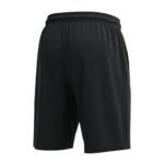 Men’s black soccer shorts with elastic waistband on a white background.