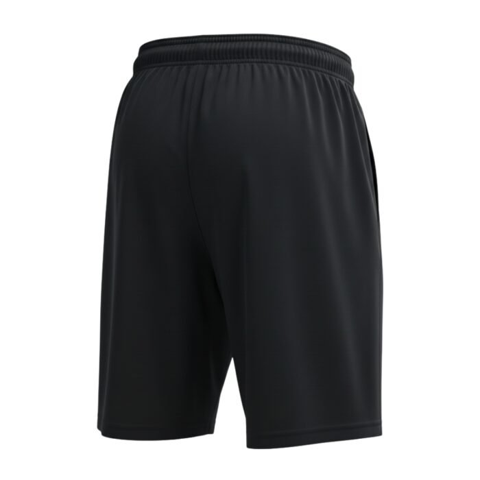Men’s black soccer shorts with elastic waistband on a white background.