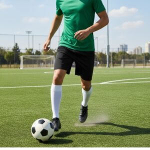 Mens soccer shorts in green training kit, worn by a player on a sunny outdoor soccer field.