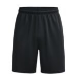 Men’s black soccer shorts with elastic waistband on a white background.