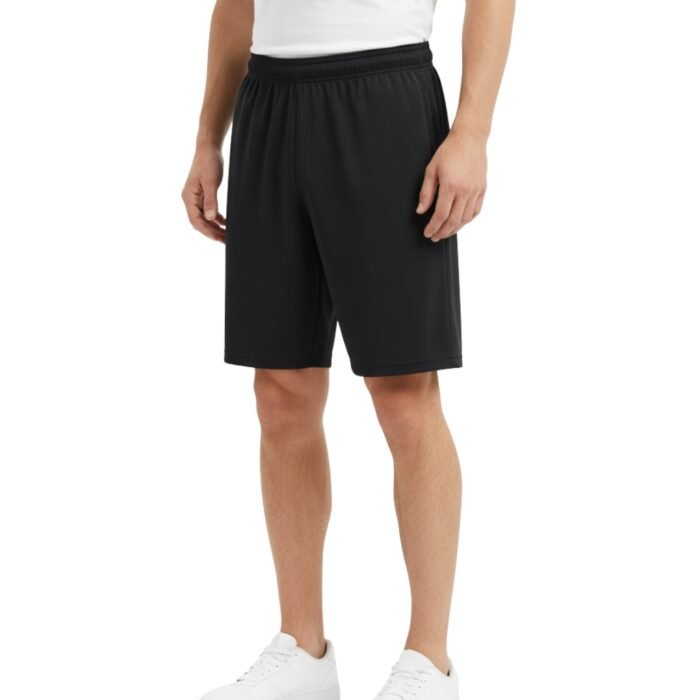 Men’s black soccer shorts with an elastic waistband and mid-thigh length.
