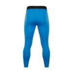 Men’s blue rugby compression leggings with black waistband, shown back view.