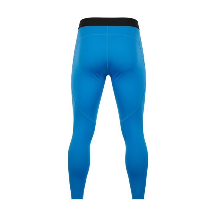 Men’s blue rugby compression leggings with black waistband, shown back view.