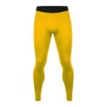 Men’s bright yellow rugby compression leggings with a black waistband, shown from the front on a plain white background.